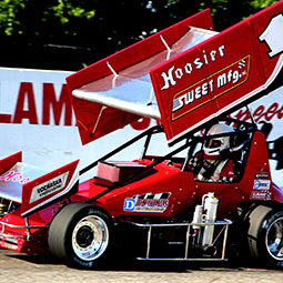 Randy Sweet driving a Sweet Manufacturing sponsored sprint race car at Kalamazoo Speedway in 2013.