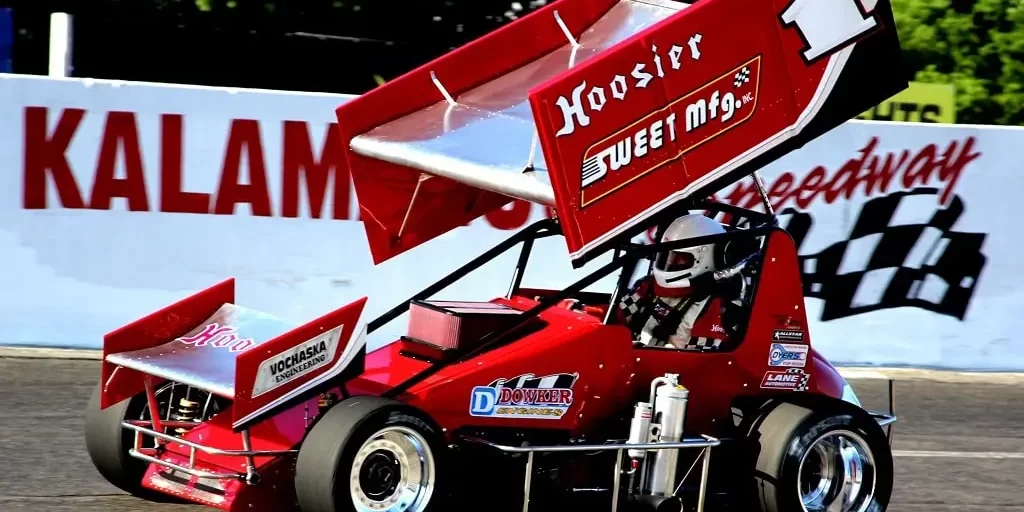 Randy Sweet driving a Sweet Manufacturing sponsored sprint race car at Kalamazoo Speedway in 2013.