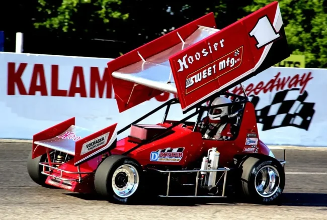 randy_sweet_hoosier_racing-min Randy Sweet driving a Sweet Manufacturing sponsored sprint race car at Kalamazoo Speedway in 2013.