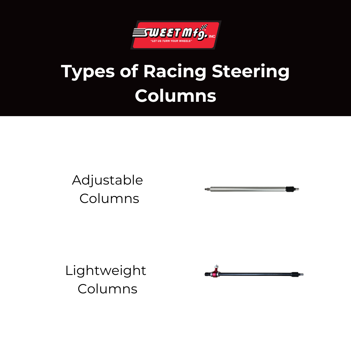 Infographic titled "Types of Racing Steering Columns" featuring images of an adjustable column and a lightweight column from Sweet Manufacturing.